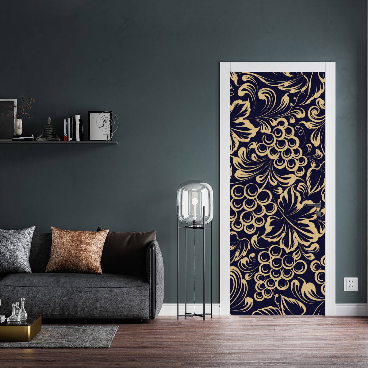 Naklejka na drzwi elegancki barokowy wzór z winogronami w złocie – Wallissimo® Naklejka na drzwi elegancki barokowy wzór z winogronami w złocie – Wallissimo®