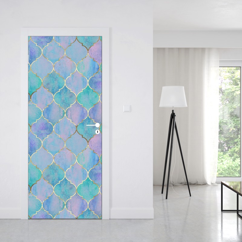 Naklejka na drzwi pastelowy turkusowy wzór marokańskich płytek – Wallissimo® Naklejka na drzwi pastelowy turkusowy wzór marokańskich płytek – Wallissimo®