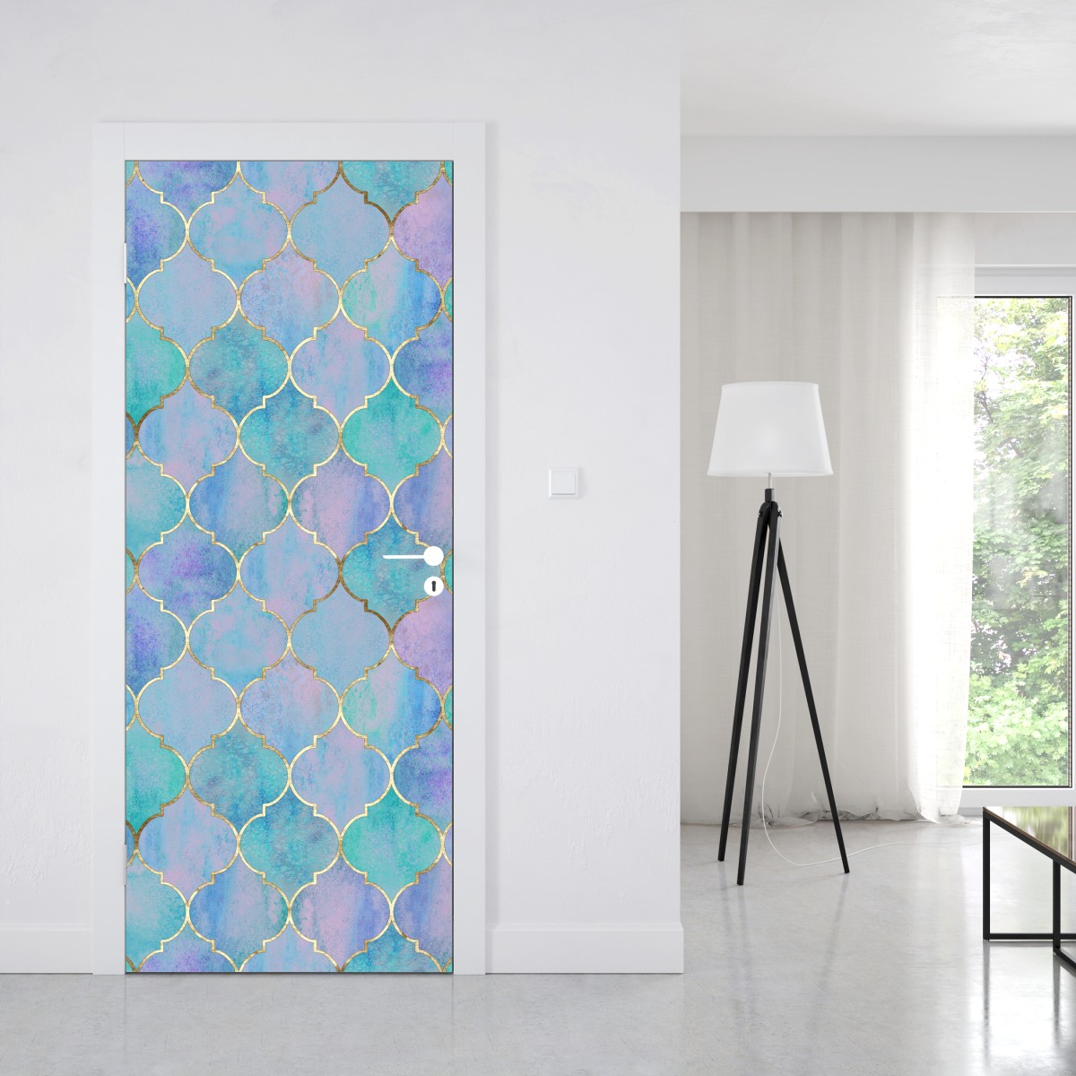Naklejka na drzwi pastelowy turkusowy wzór marokańskich płytek – Wallissimo® Naklejka na drzwi pastelowy turkusowy wzór marokańskich płytek – Wallissimo®