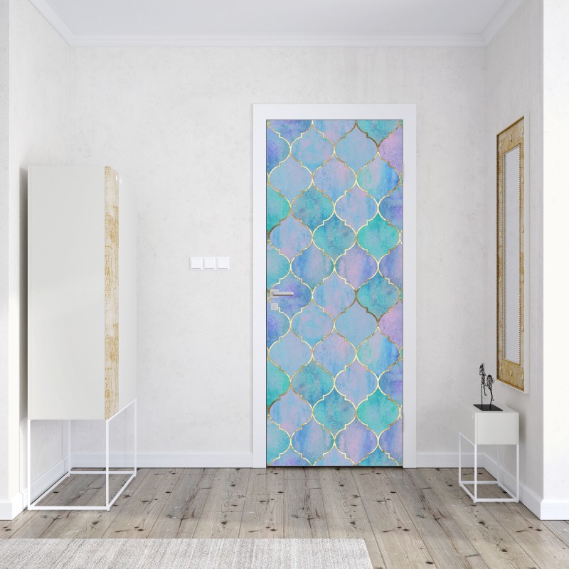 Naklejka na drzwi pastelowy turkusowy wzór marokańskich płytek – Wallissimo® Naklejka na drzwi pastelowy turkusowy wzór marokańskich płytek – Wallissimo®