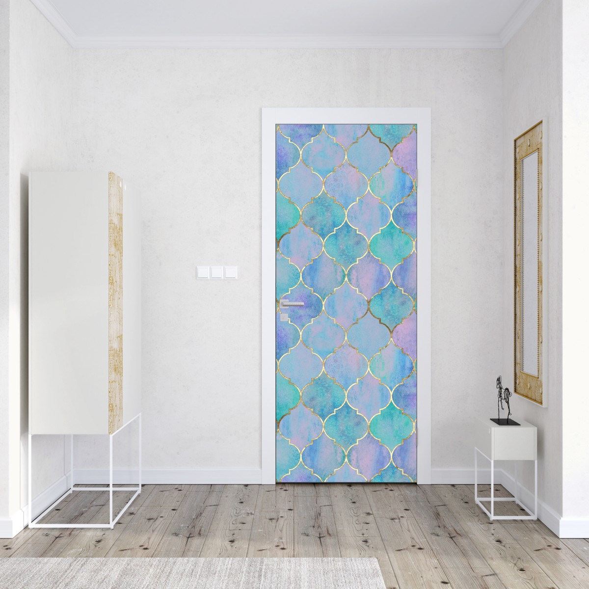 Naklejka na drzwi pastelowy turkusowy wzór marokańskich płytek – Wallissimo® Naklejka na drzwi pastelowy turkusowy wzór marokańskich płytek – Wallissimo®