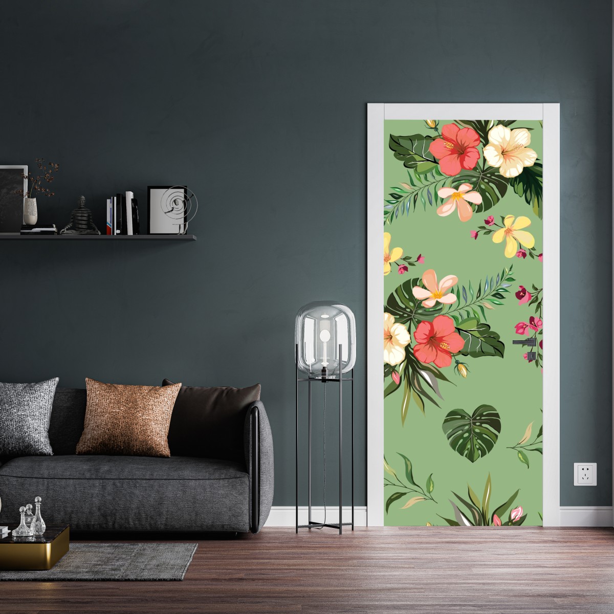 Naklejka na drzwi zielony tropikalny wzór hibiskusa – Wallissimo® Naklejka na drzwi zielony tropikalny wzór hibiskusa – Wallissimo®