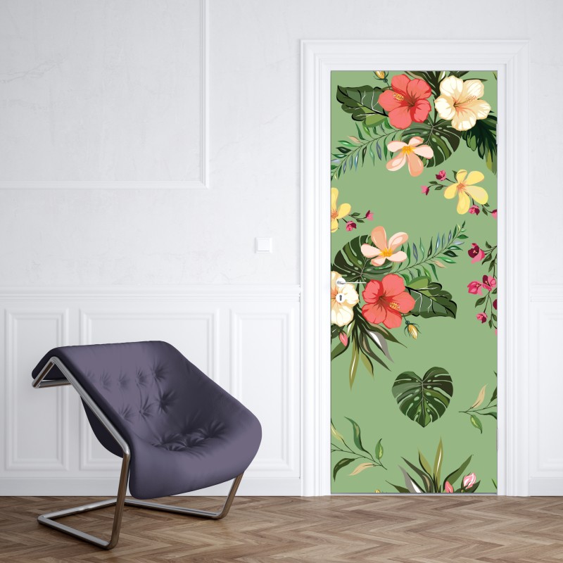 Naklejka na drzwi zielony tropikalny wzór hibiskusa – Wallissimo® Naklejka na drzwi zielony tropikalny wzór hibiskusa – Wallissimo®
