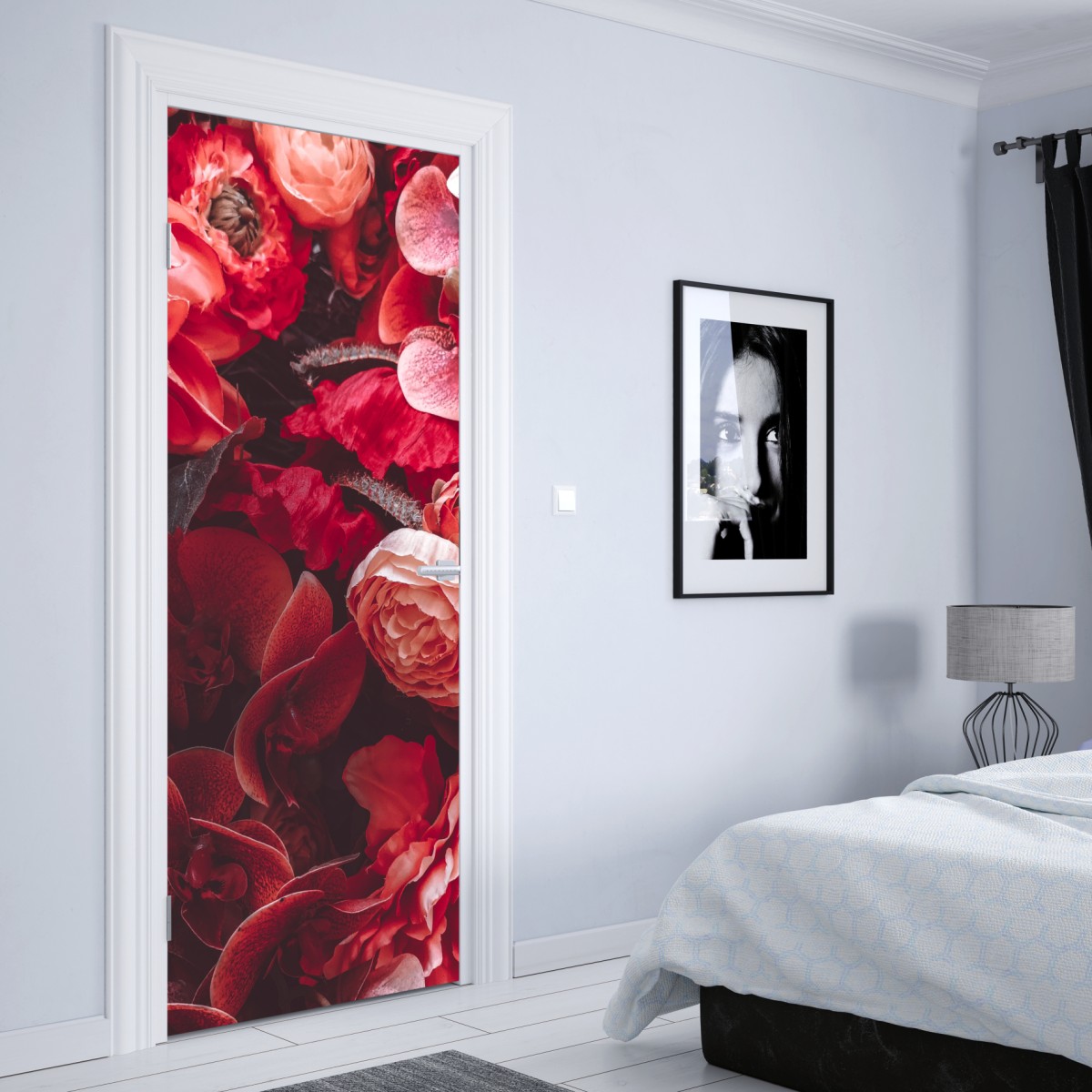 Naklejka na drzwi kwiatowa symfonia w odcieniach czerwieni – Wallissimo® Naklejka na drzwi kwiatowa symfonia w odcieniach czerwieni – Wallissimo®