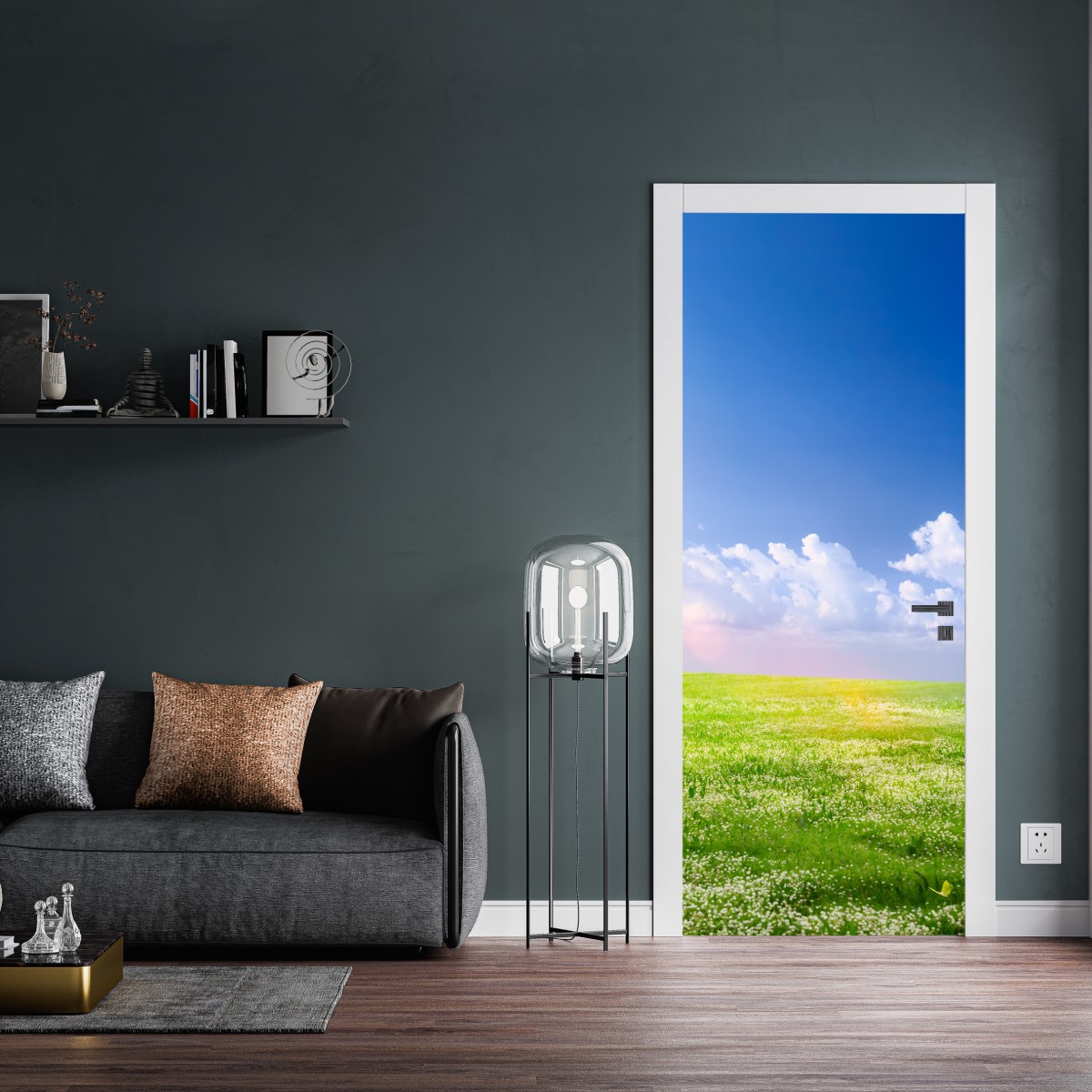 Naklejka na drzwi słoneczna wiosenna łąka pod niebieskim niebem – Wallissimo® Naklejka na drzwi słoneczna wiosenna łąka pod niebieskim niebem – Wallissimo®