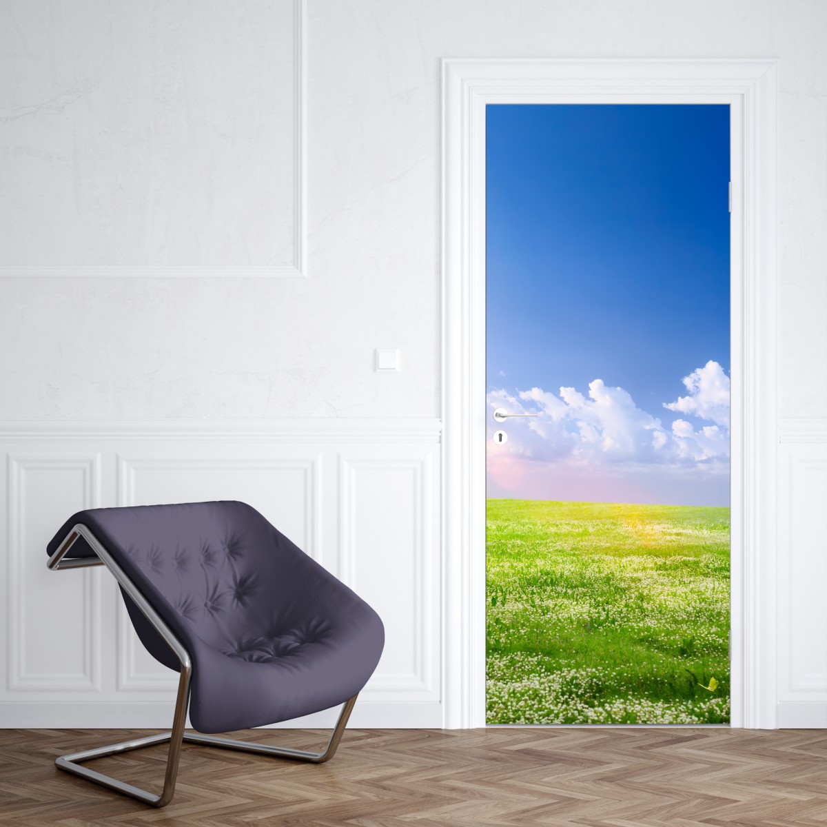Naklejka na drzwi słoneczna wiosenna łąka pod niebieskim niebem – Wallissimo® Naklejka na drzwi słoneczna wiosenna łąka pod niebieskim niebem – Wallissimo®