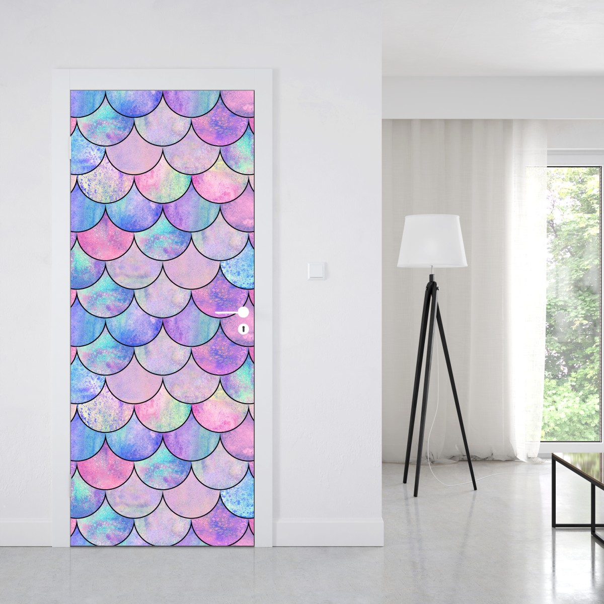 Naklejka na drzwi pastelowy wzór łusek syreny – Wallissimo® Naklejka na drzwi pastelowy wzór łusek syreny – Wallissimo®