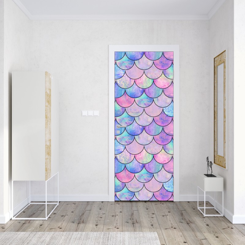 Naklejka na drzwi pastelowy wzór łusek syreny – Wallissimo® Naklejka na drzwi pastelowy wzór łusek syreny – Wallissimo®