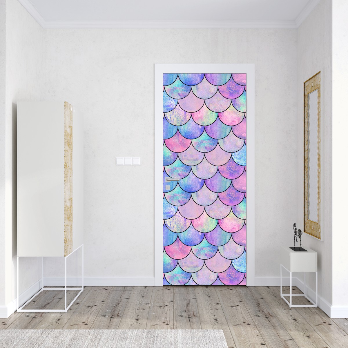 Naklejka na drzwi pastelowy wzór łusek syreny – Wallissimo® Naklejka na drzwi pastelowy wzór łusek syreny – Wallissimo®