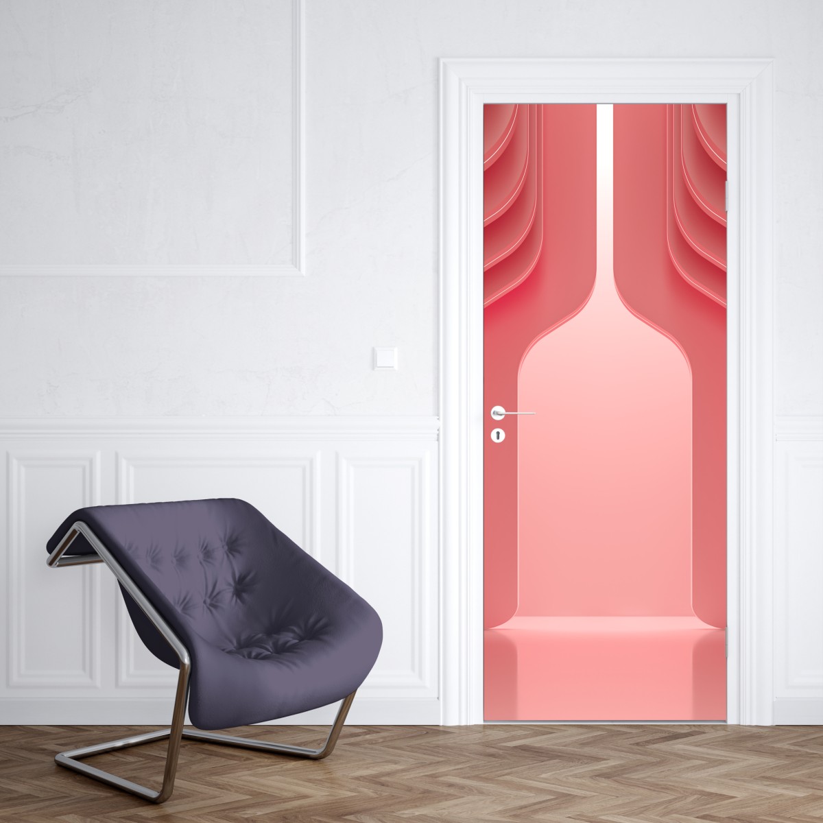 Naklejka na drzwi nowoczesne luksusowe wnętrze w odcieniach koralowego różu – Wallissimo® Naklejka na drzwi nowoczesne luksusowe wnętrze w odcieniach koralowego różu – Wallissimo®