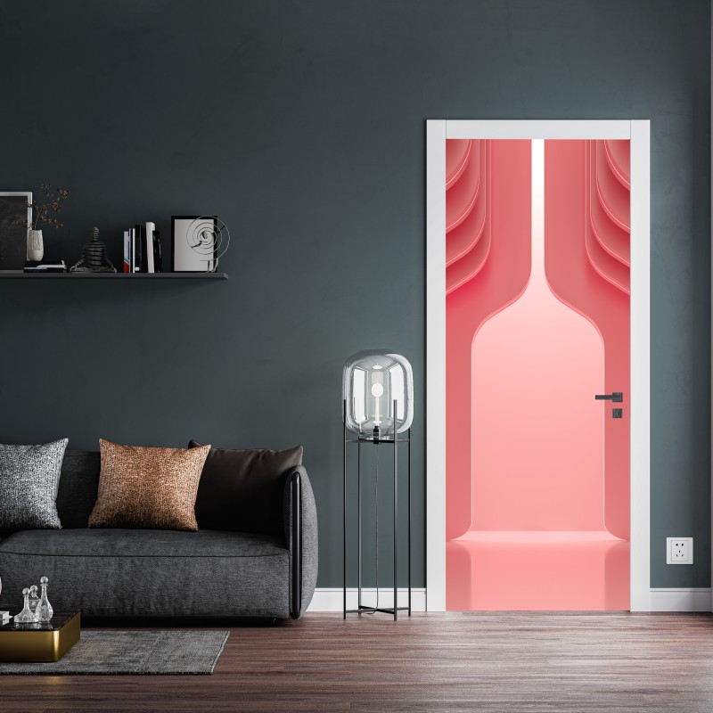 Naklejka na drzwi nowoczesne luksusowe wnętrze w odcieniach koralowego różu – Wallissimo® Naklejka na drzwi nowoczesne luksusowe wnętrze w odcieniach koralowego różu – Wallissimo®