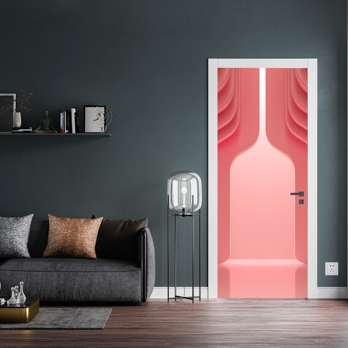 Naklejka na drzwi nowoczesne luksusowe wnętrze w odcieniach koralowego różu – Wallissimo® Naklejka na drzwi nowoczesne luksusowe wnętrze w odcieniach koralowego różu – Wallissimo®