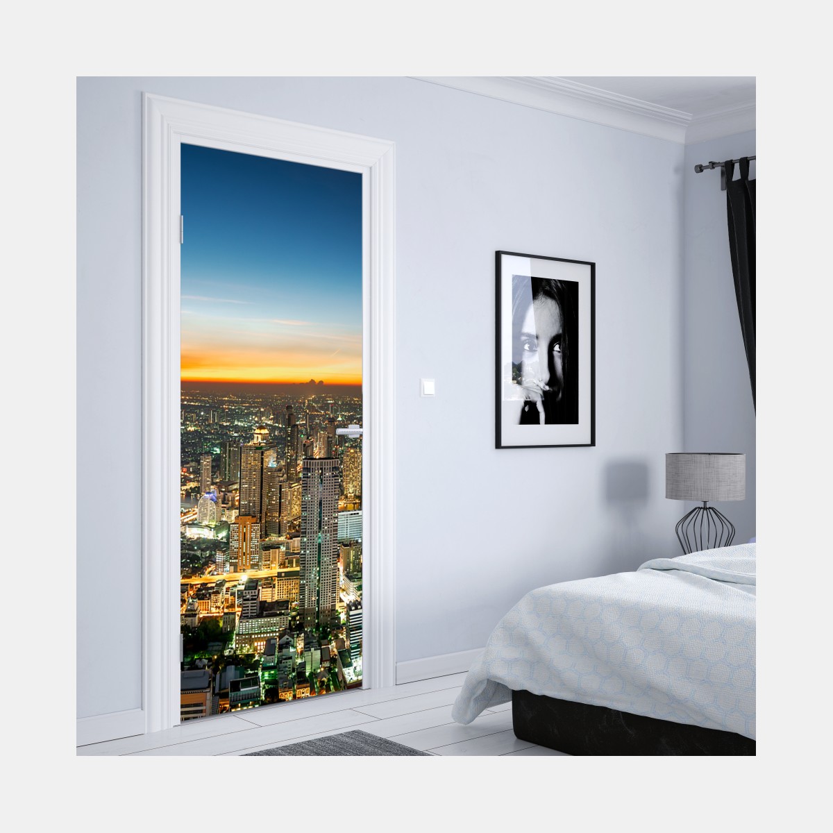 Naklejka na drzwi panorama Bangkoku o zmierzchu – Wallissimo® Naklejka na drzwi panorama Bangkoku o zmierzchu – Wallissimo®