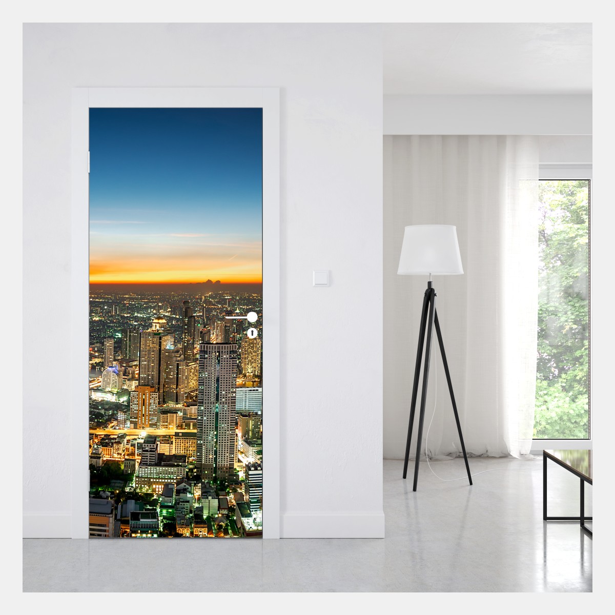 Naklejka na drzwi panorama Bangkoku o zmierzchu – Wallissimo® Naklejka na drzwi panorama Bangkoku o zmierzchu – Wallissimo®