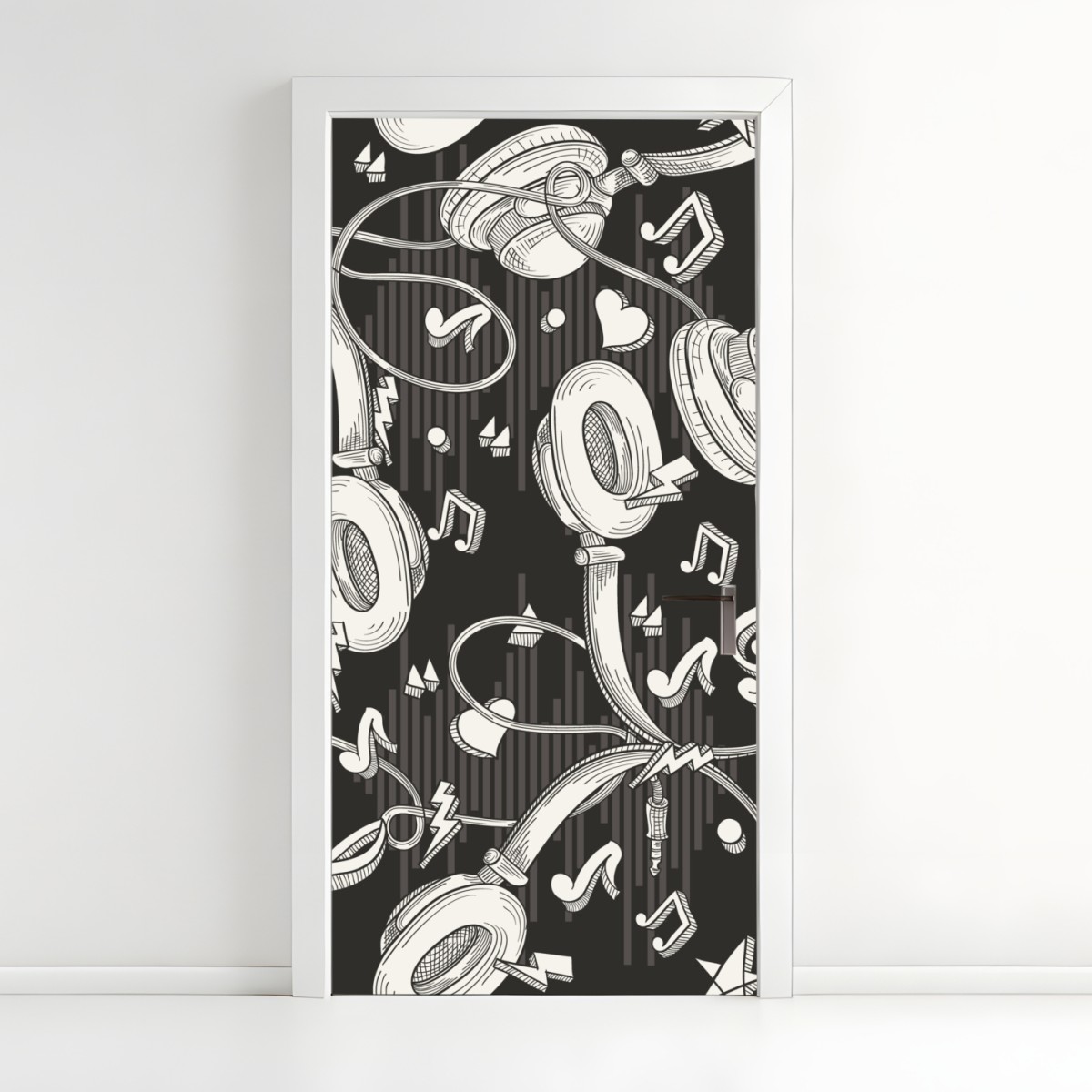 Door sticker monochrome headphones and music notes pattern