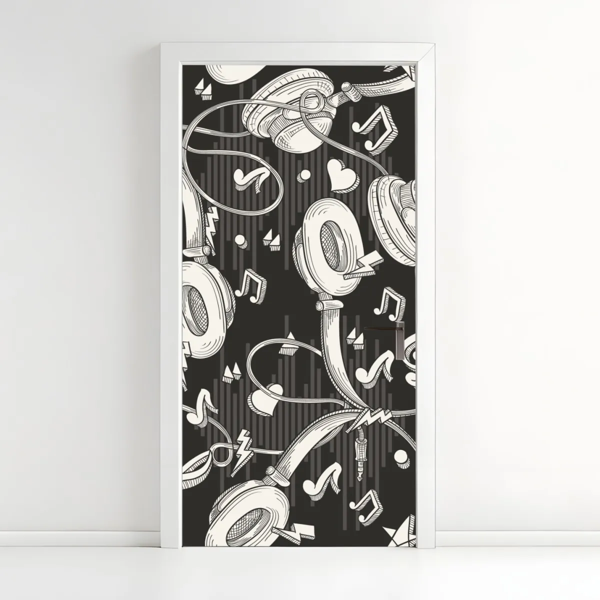 Naklejka na drzwi monochromatyczny wzór słuchawek i nut – Wallissimo® Naklejka na drzwi monochromatyczny wzór słuchawek i nut – Wallissimo®