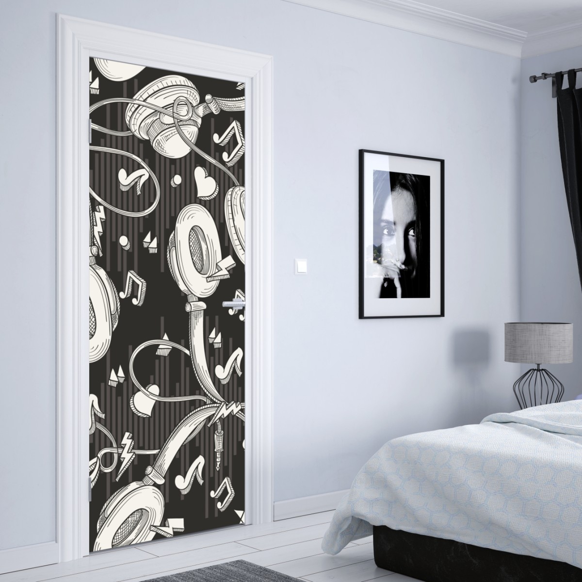 Naklejka na drzwi monochromatyczny wzór słuchawek i nut – Wallissimo® Naklejka na drzwi monochromatyczny wzór słuchawek i nut – Wallissimo®