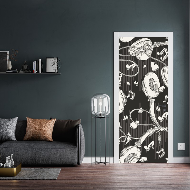 Naklejka na drzwi monochromatyczny wzór słuchawek i nut – Wallissimo® Naklejka na drzwi monochromatyczny wzór słuchawek i nut – Wallissimo®