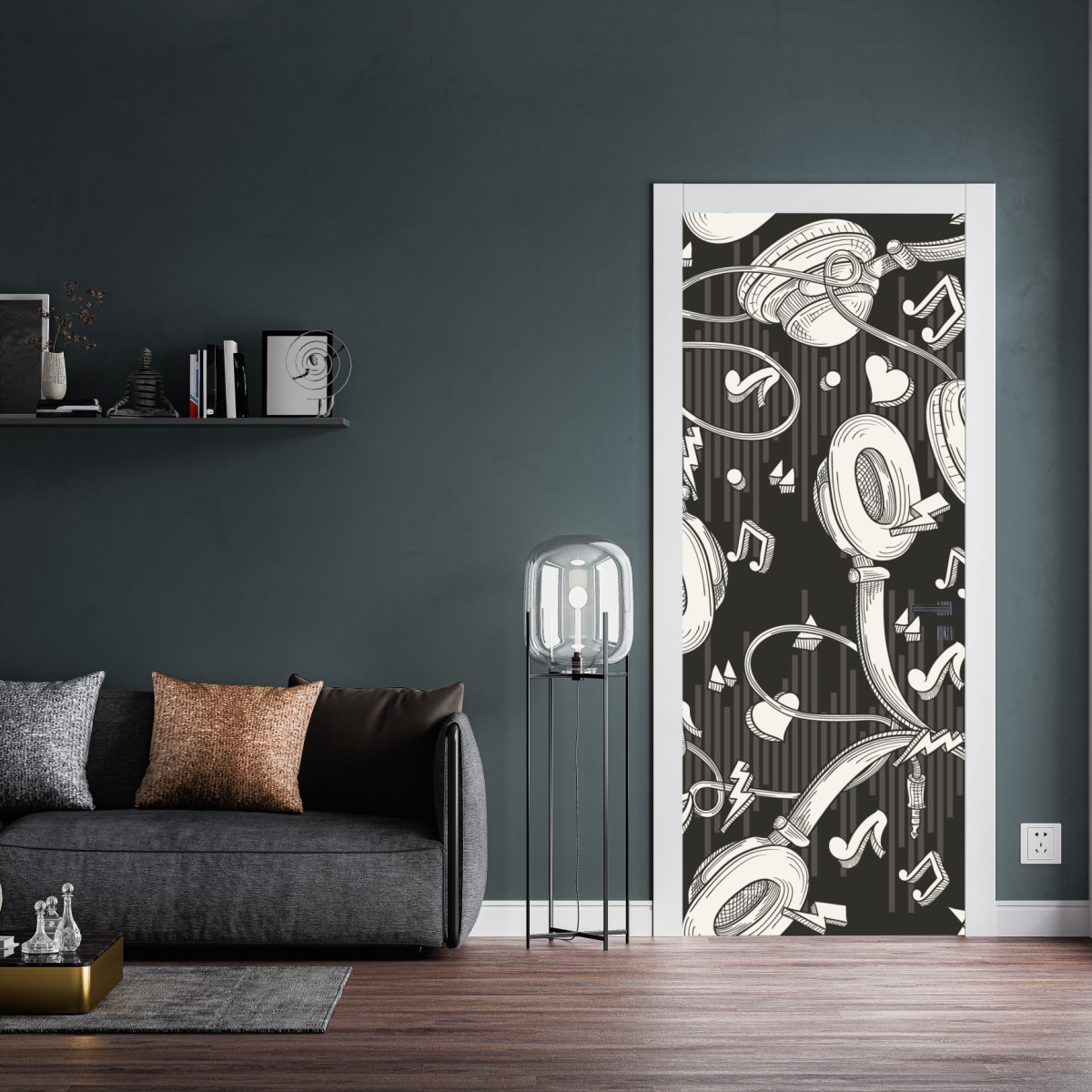 Naklejka na drzwi monochromatyczny wzór słuchawek i nut – Wallissimo® Naklejka na drzwi monochromatyczny wzór słuchawek i nut – Wallissimo®