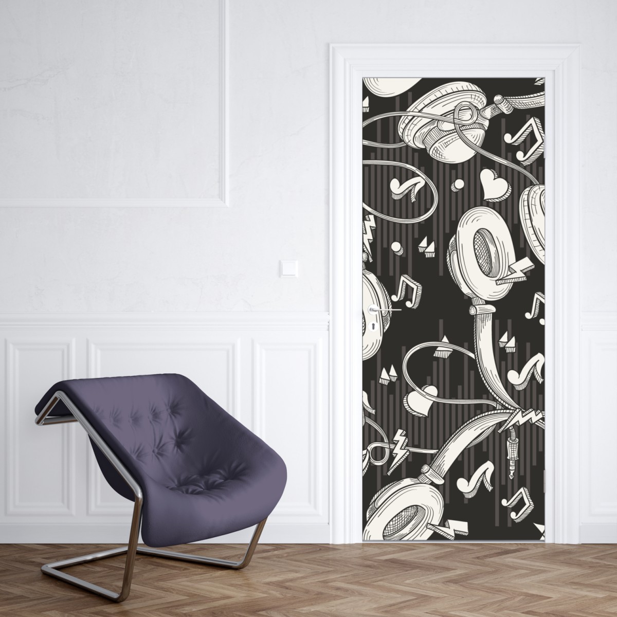 Naklejka na drzwi monochromatyczny wzór słuchawek i nut – Wallissimo® Naklejka na drzwi monochromatyczny wzór słuchawek i nut – Wallissimo®