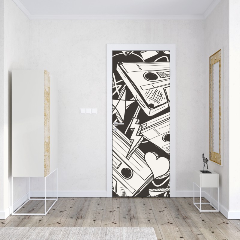 Naklejka na drzwi wzór kaset magnetofonowych w stylu retro – Wallissimo® Naklejka na drzwi wzór kaset magnetofonowych w stylu retro – Wallissimo®