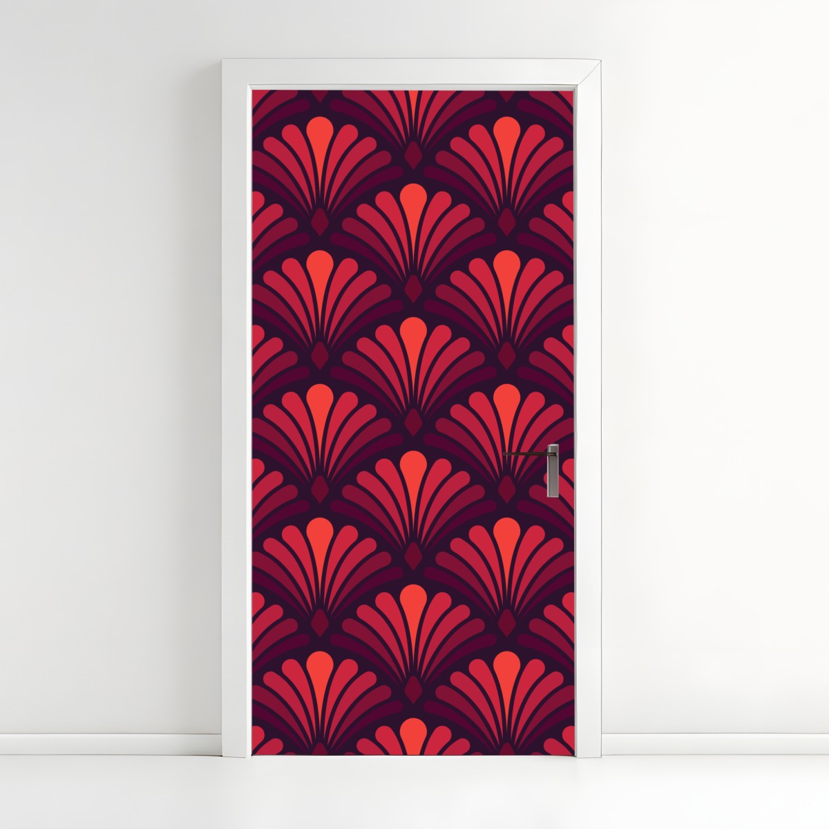 Door sticker art deco fan pattern in coral and burgundy