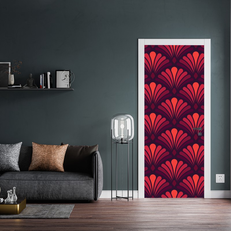 Naklejka na drzwi elegancki motyw art deco w odcieniach bordo i koralu – Wallissimo® Naklejka na drzwi elegancki motyw art deco w odcieniach bordo i koralu – Wallissimo®