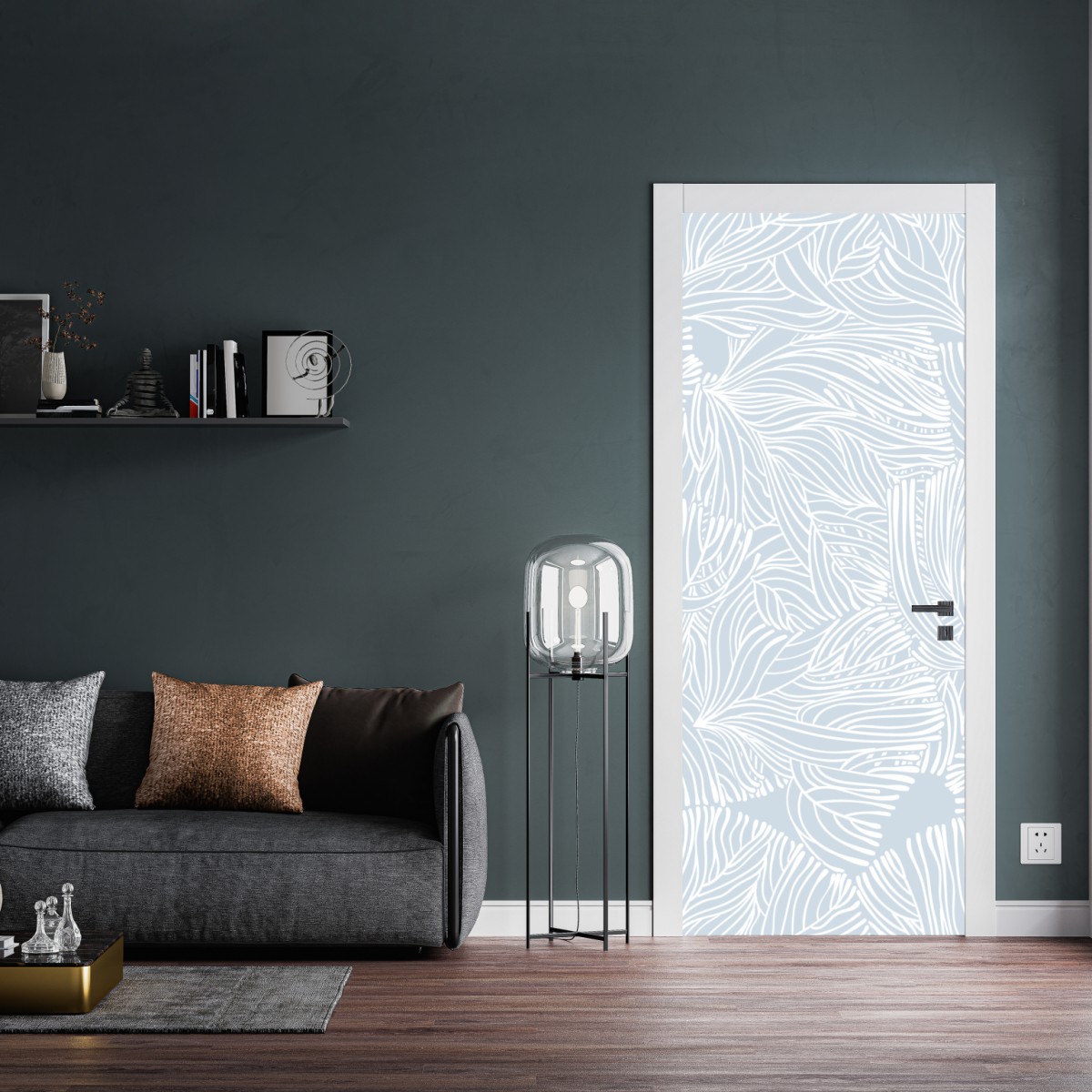 Naklejka na drzwi delikatny niebieski wzór botaniczny – Wallissimo® Naklejka na drzwi delikatny niebieski wzór botaniczny – Wallissimo®