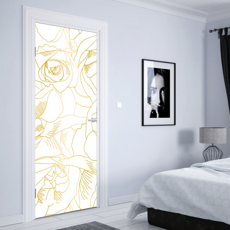 Naklejka na drzwi delikatne złote róże — elegancki wzór kwiatowy – Wallissimo® Naklejka na drzwi delikatne złote róże — elegancki wzór kwiatowy – Wallissimo®