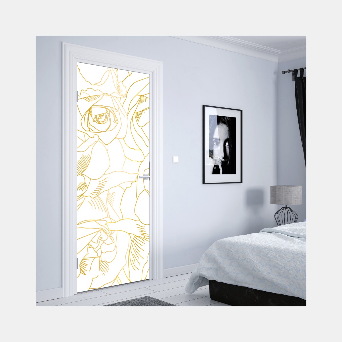 Naklejka na drzwi delikatne złote róże — elegancki wzór kwiatowy – Wallissimo® Naklejka na drzwi delikatne złote róże — elegancki wzór kwiatowy – Wallissimo®