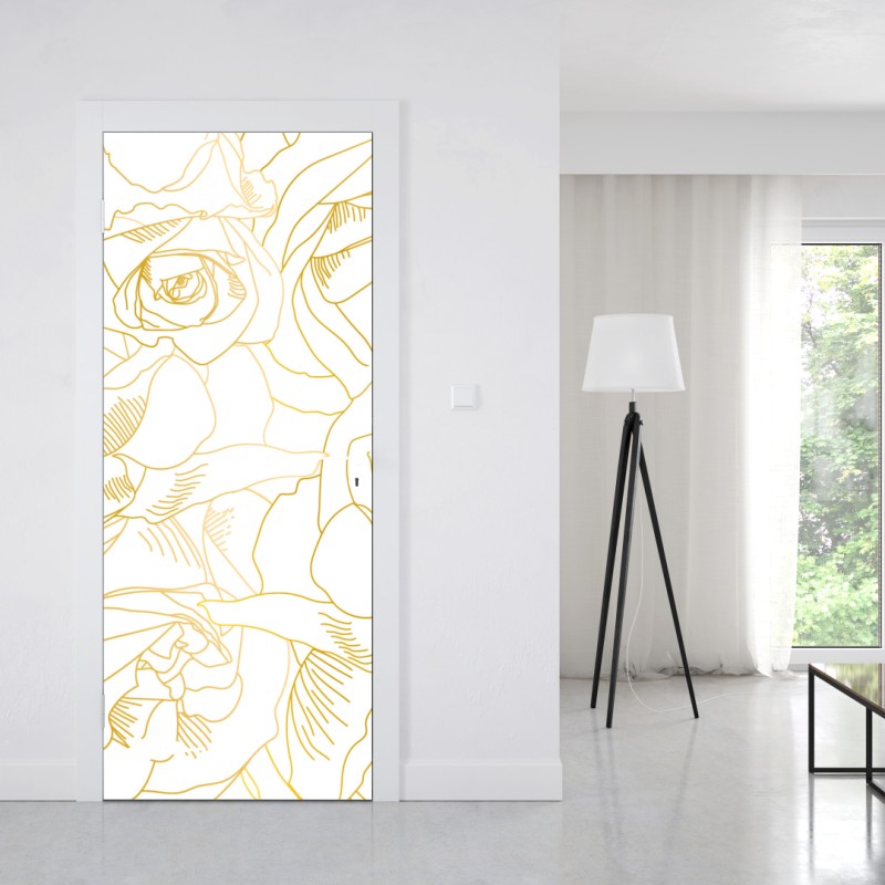 Naklejka na drzwi delikatne złote róże — elegancki wzór kwiatowy – Wallissimo® Naklejka na drzwi delikatne złote róże — elegancki wzór kwiatowy – Wallissimo®