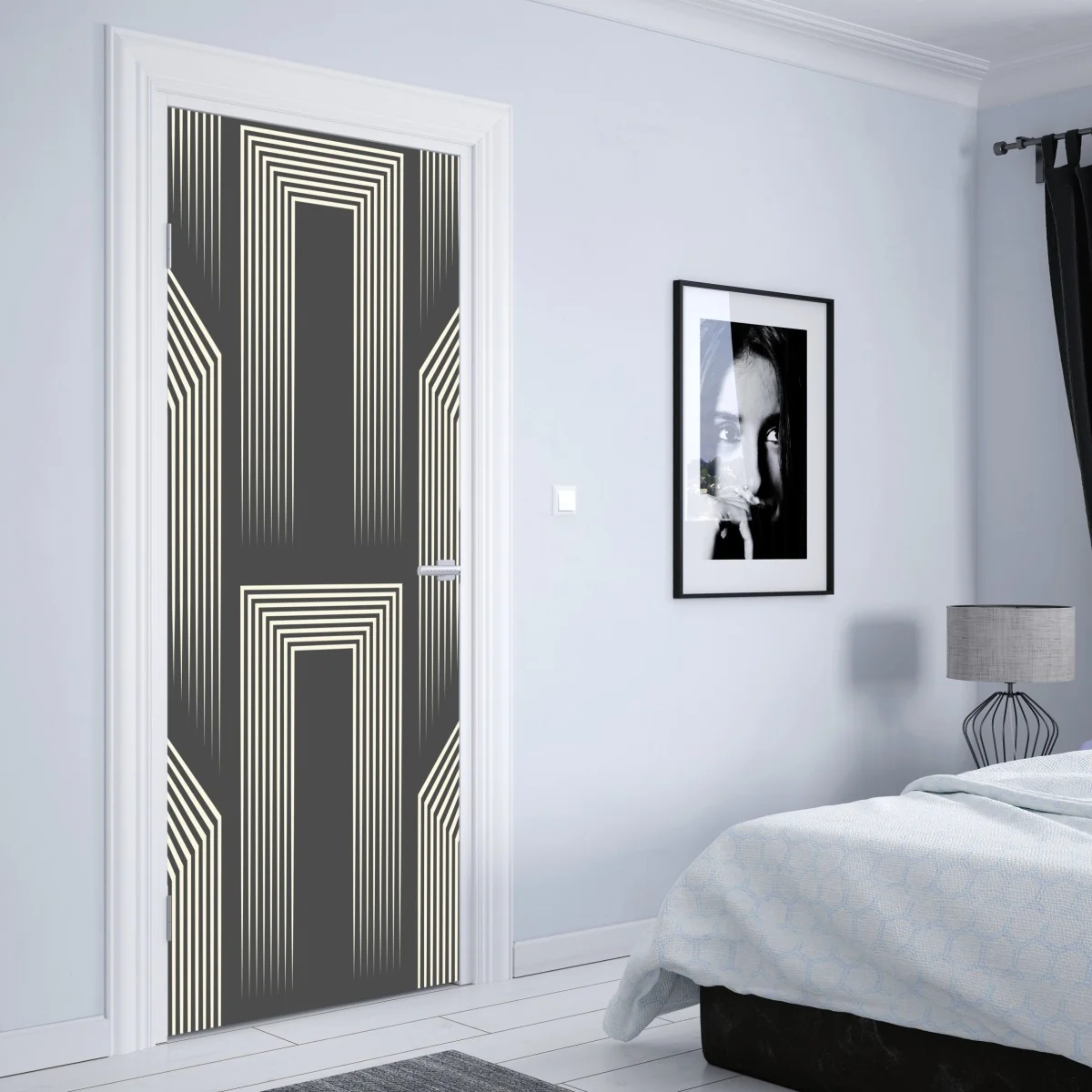 Naklejka na drzwi geometryczny wzór art deco w odcieniach szarości i beżu – Wallissimo® Naklejka na drzwi geometryczny wzór art deco w odcieniach szarości i beżu – Wallissimo®