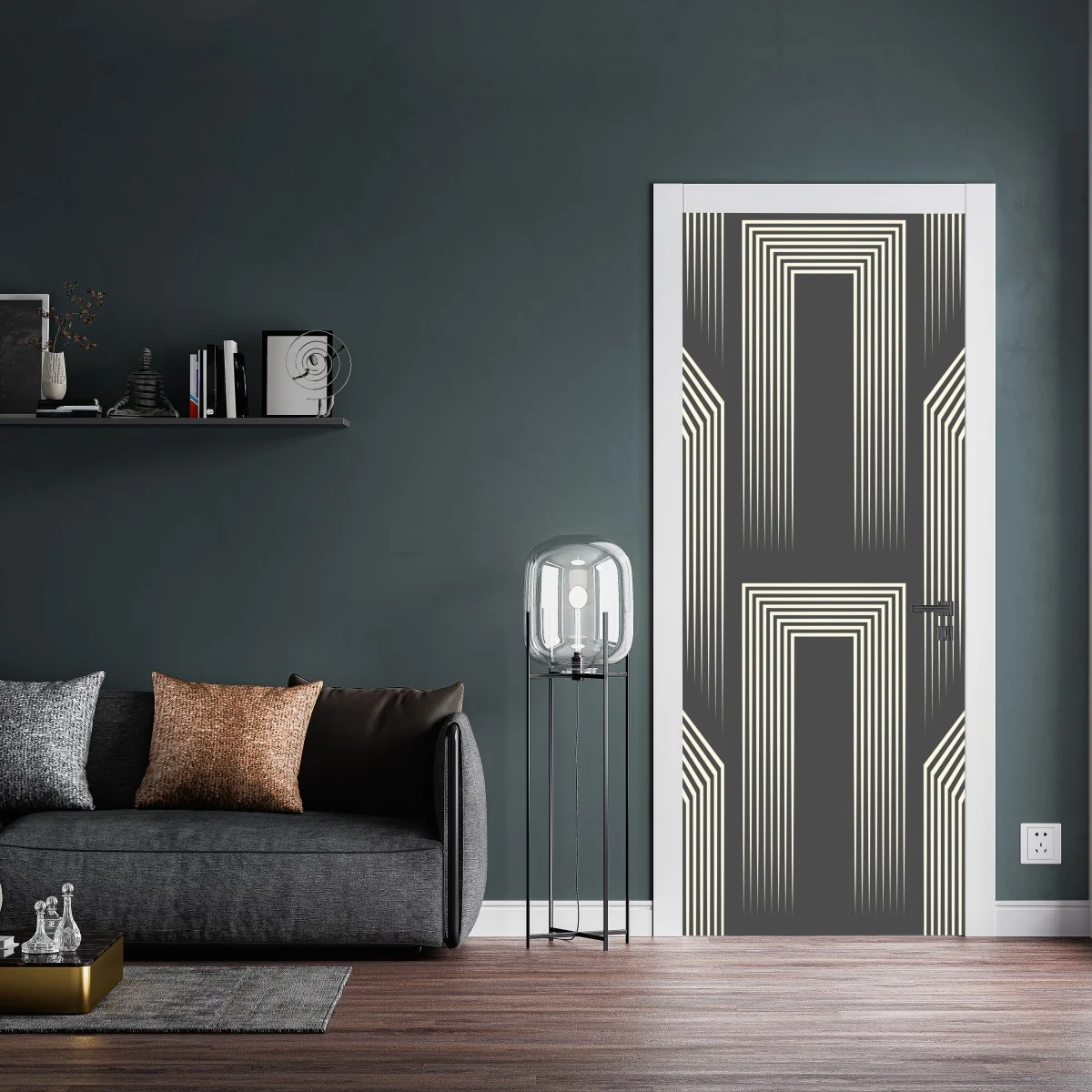 Naklejka na drzwi geometryczny wzór art deco w odcieniach szarości i beżu – Wallissimo® Naklejka na drzwi geometryczny wzór art deco w odcieniach szarości i beżu – Wallissimo®