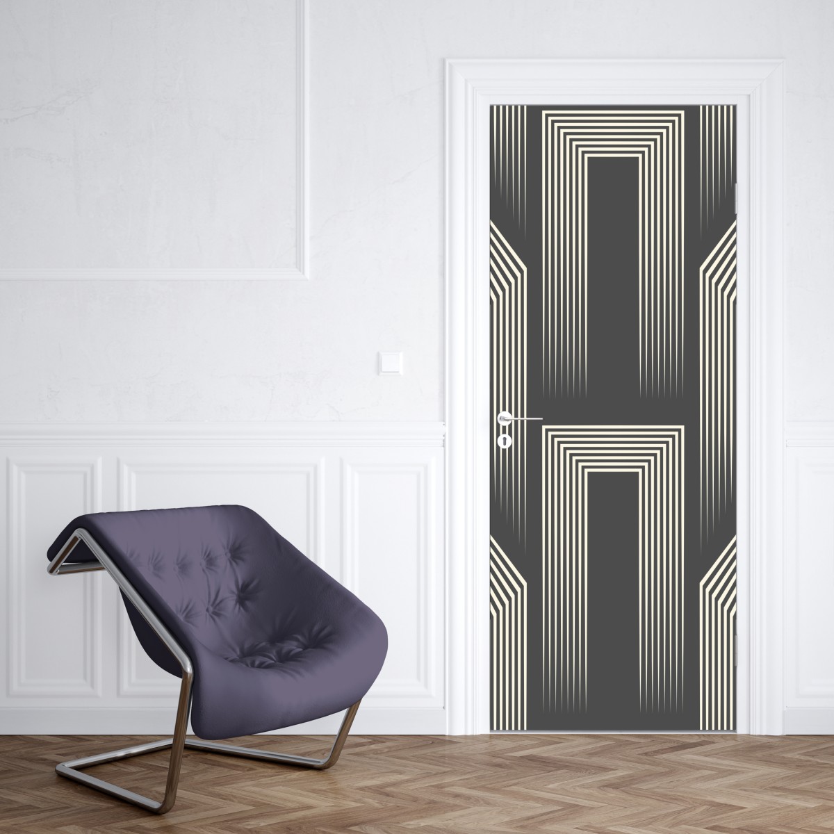 Naklejka na drzwi geometryczny wzór art deco w odcieniach szarości i beżu – Wallissimo® Naklejka na drzwi geometryczny wzór art deco w odcieniach szarości i beżu – Wallissimo®