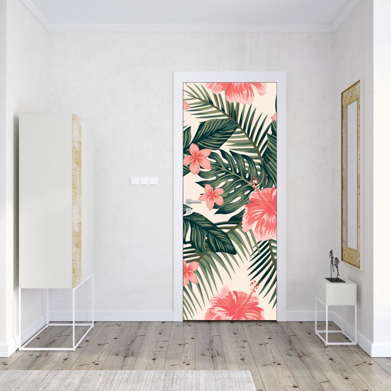 Naklejka na drzwi tropikalny wzór hibiskusa – Wallissimo® Naklejka na drzwi tropikalny wzór hibiskusa – Wallissimo®