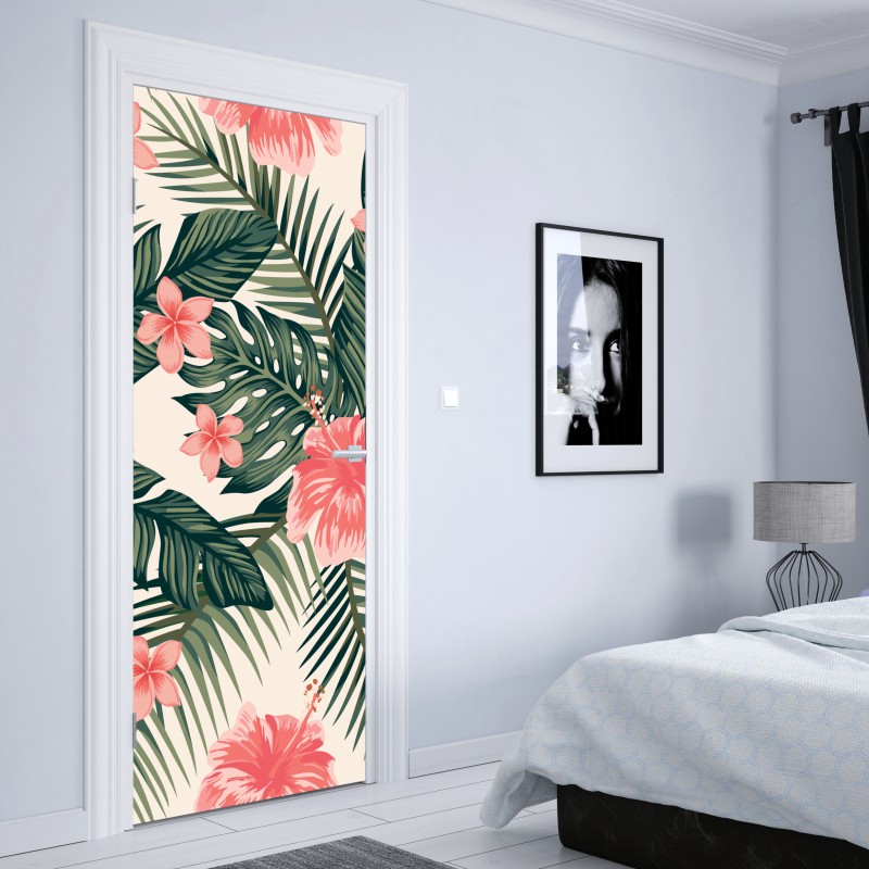Naklejka na drzwi tropikalny wzór hibiskusa – Wallissimo® Naklejka na drzwi tropikalny wzór hibiskusa – Wallissimo®
