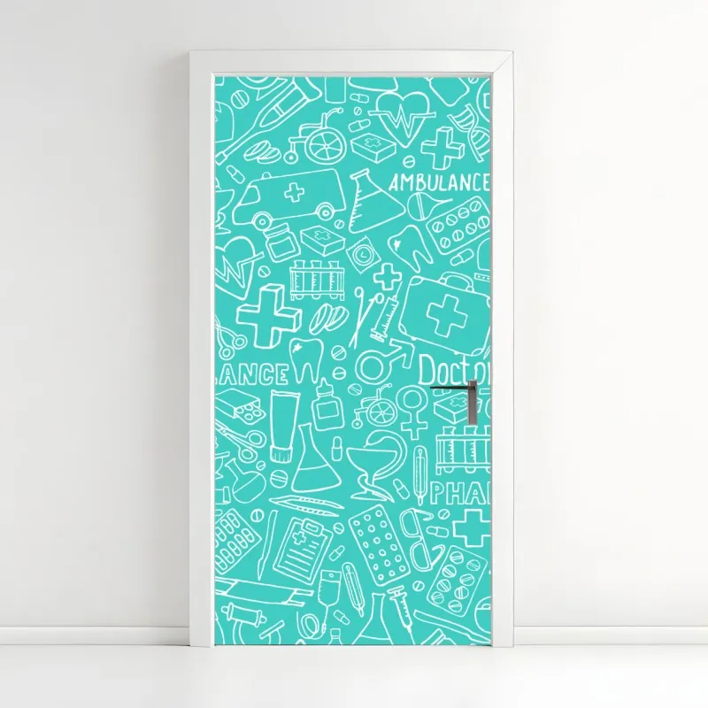 Naklejka na drzwi turkusowy wzór z ikonami medycznymi