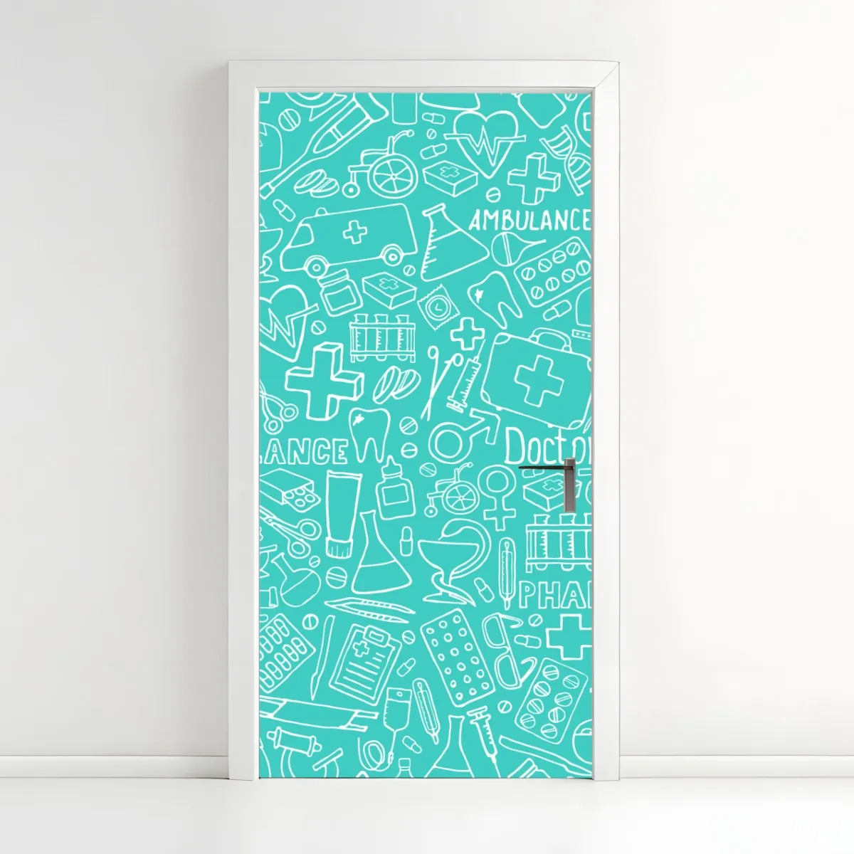 Naklejka na drzwi turkusowy wzór z ikonami medycznymi – Wallissimo® Naklejka na drzwi turkusowy wzór z ikonami medycznymi – Wallissimo®