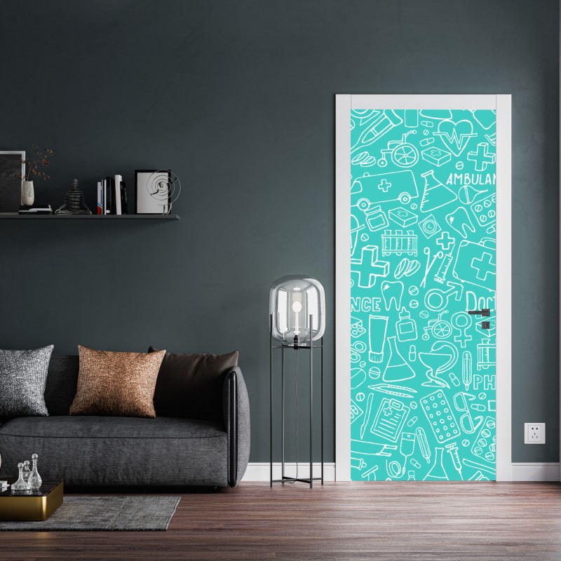 Naklejka na drzwi turkusowy wzór z ikonami medycznymi – Wallissimo® Naklejka na drzwi turkusowy wzór z ikonami medycznymi – Wallissimo®