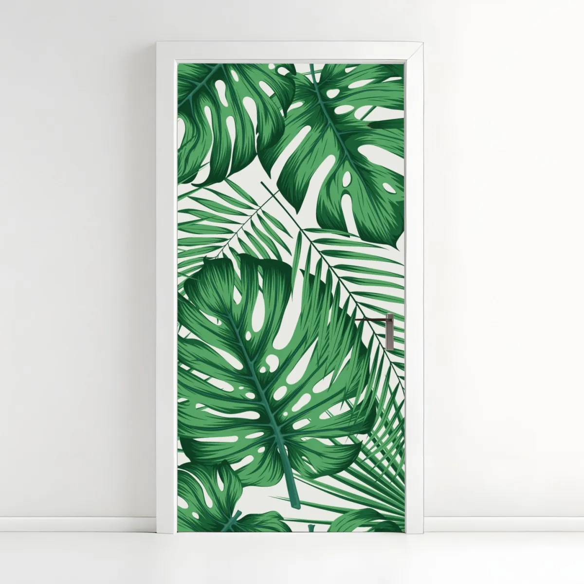 Naklejka na drzwi tropikalny wzór liści monstery i palm – Wallissimo® Naklejka na drzwi tropikalny wzór liści monstery i palm – Wallissimo®