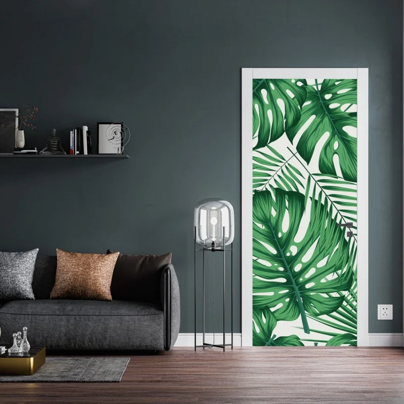 Naklejka na drzwi tropikalny wzór liści monstery i palm – Wallissimo® Naklejka na drzwi tropikalny wzór liści monstery i palm – Wallissimo®