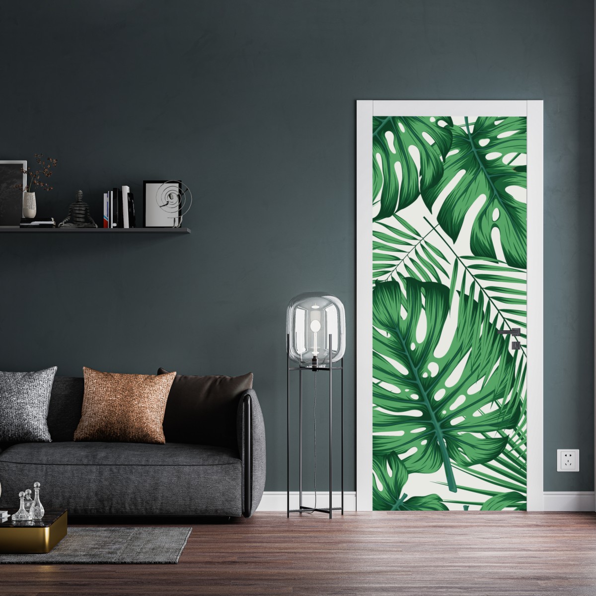 Naklejka na drzwi tropikalny wzór liści monstery i palm – Wallissimo® Naklejka na drzwi tropikalny wzór liści monstery i palm – Wallissimo®