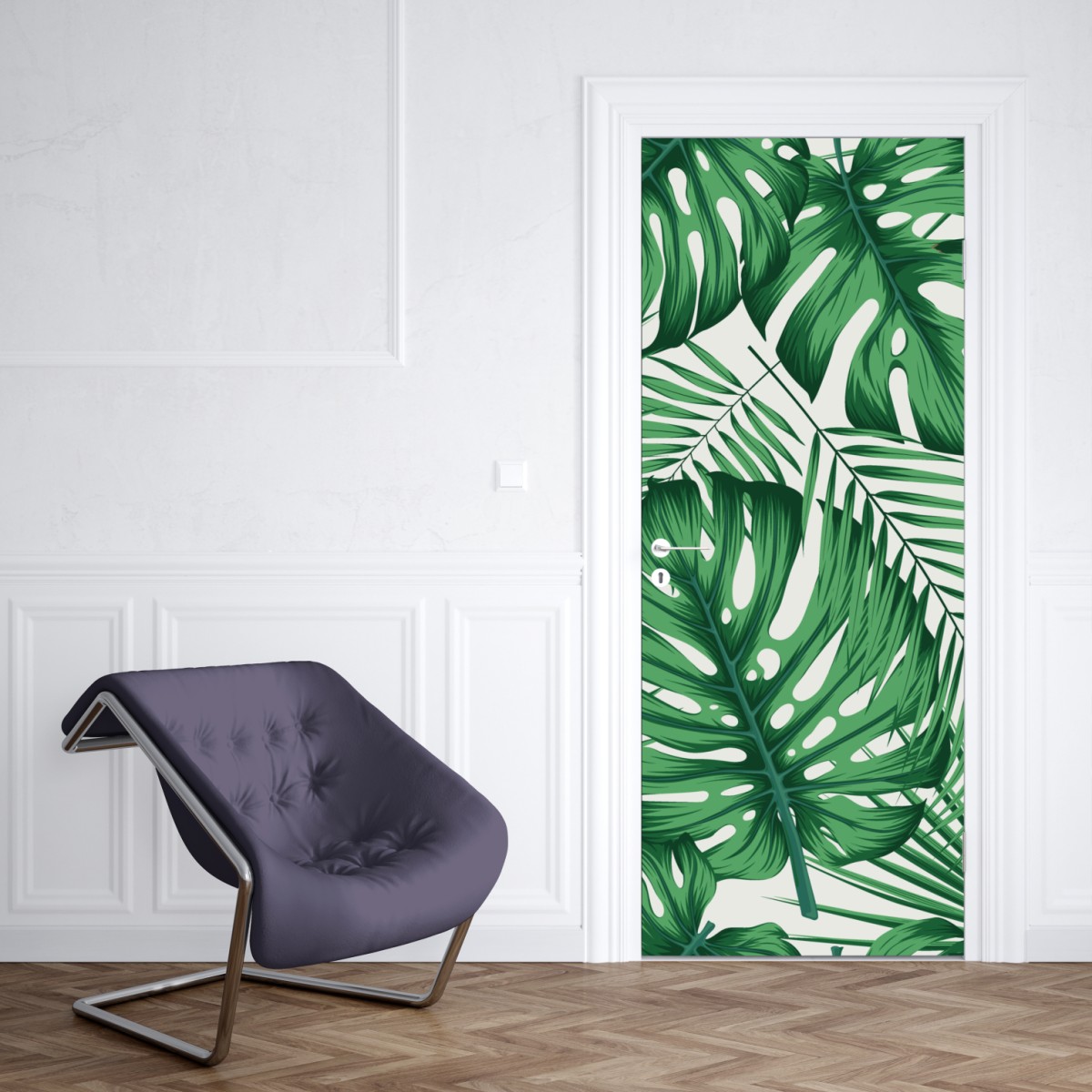 Naklejka na drzwi tropikalny wzór liści monstery i palm – Wallissimo® Naklejka na drzwi tropikalny wzór liści monstery i palm – Wallissimo®