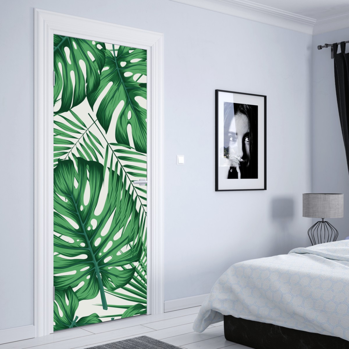 Naklejka na drzwi tropikalny wzór liści monstery i palm – Wallissimo® Naklejka na drzwi tropikalny wzór liści monstery i palm – Wallissimo®