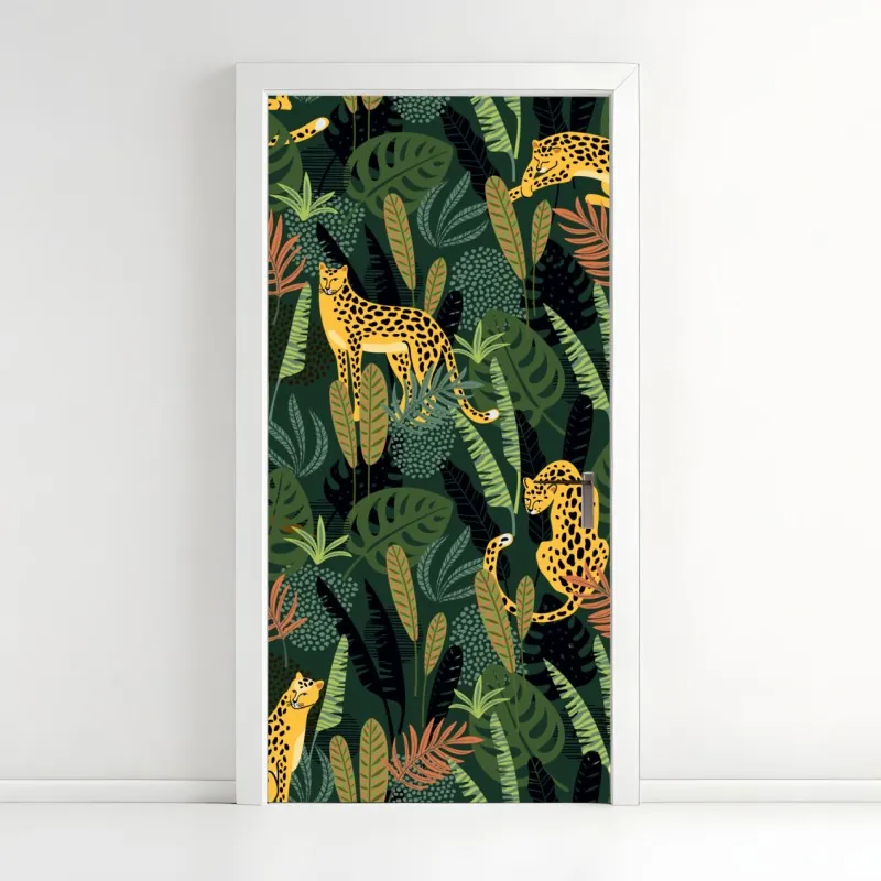 Naklejka na drzwi tropikalny wzór z lampartami