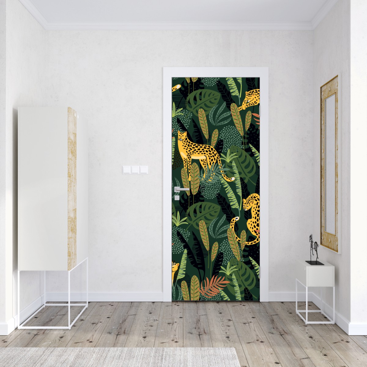 Naklejka na drzwi tropikalny wzór z lampartami – Wallissimo® Naklejka na drzwi tropikalny wzór z lampartami – Wallissimo®