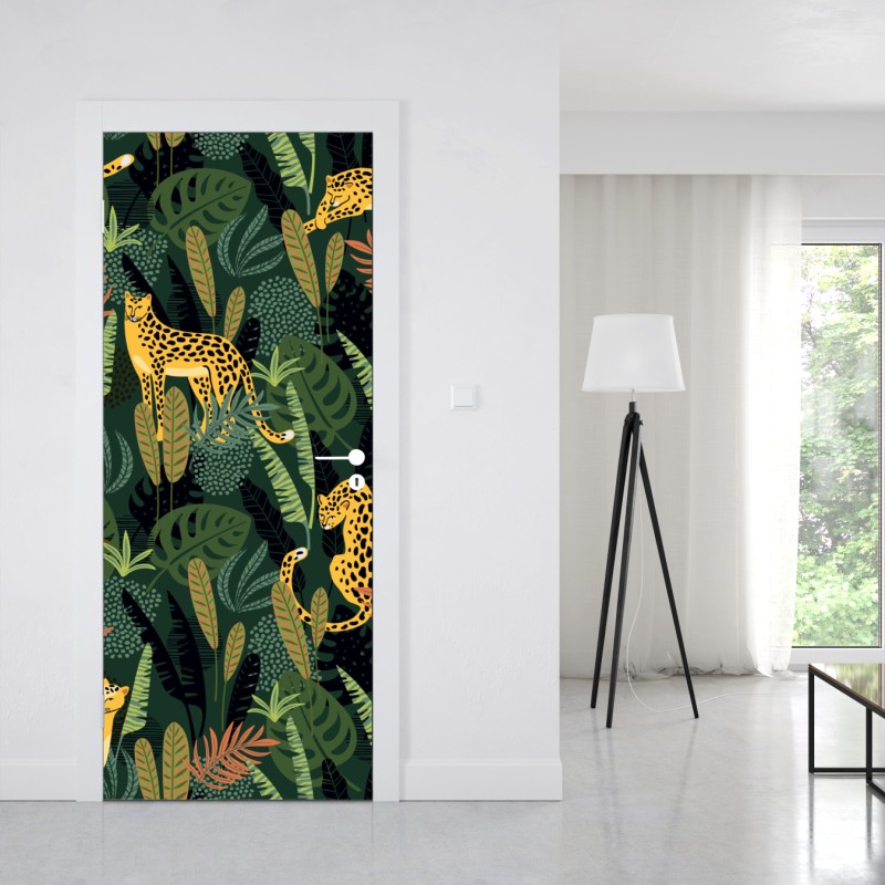 Naklejka na drzwi tropikalny wzór z lampartami – Wallissimo® Naklejka na drzwi tropikalny wzór z lampartami – Wallissimo®