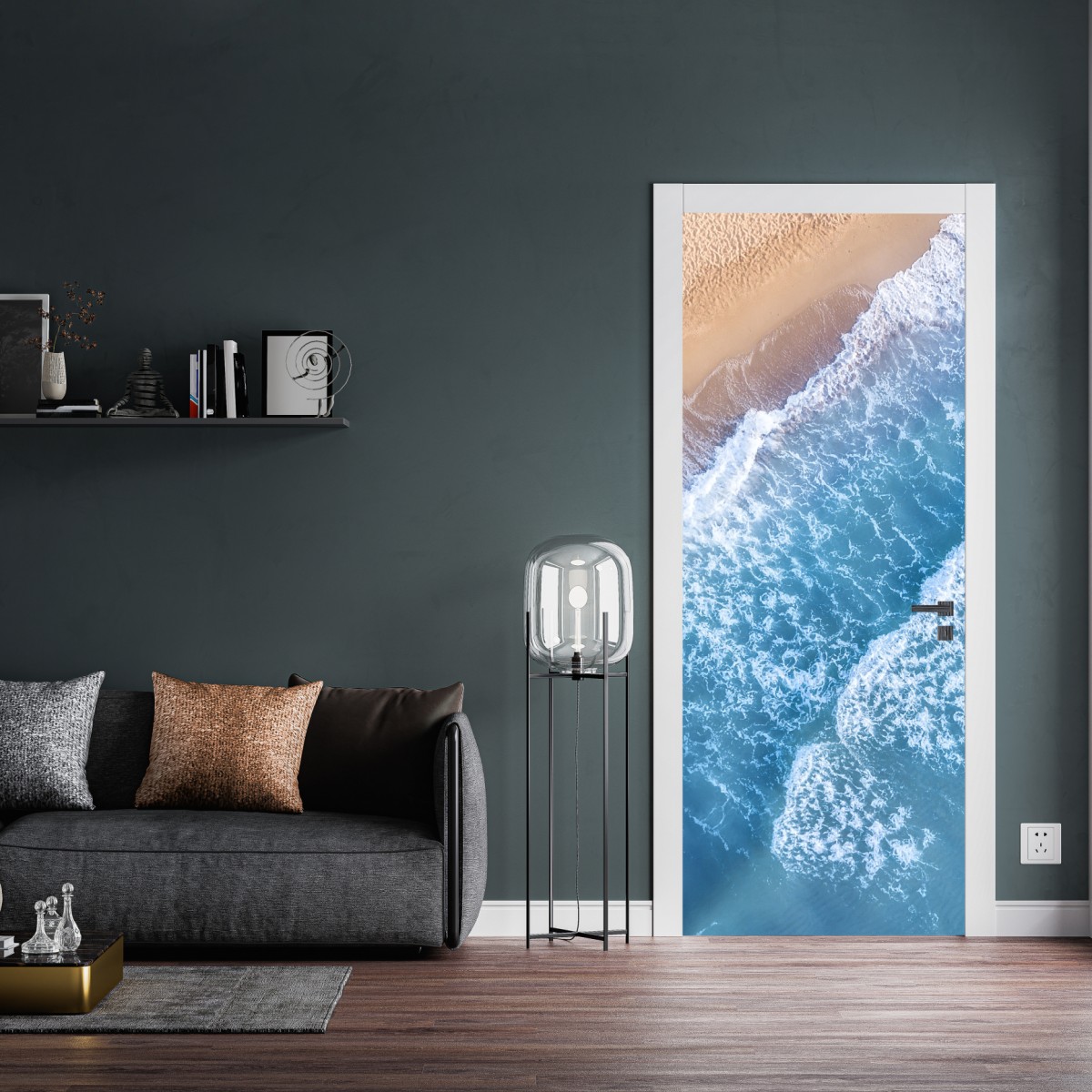 Naklejka na drzwi widok z lotu ptaka na turkusowe fale i piaszczystą plażę – Wallissimo® Naklejka na drzwi widok z lotu ptaka na turkusowe fale i piaszczystą plażę – Wallissimo®