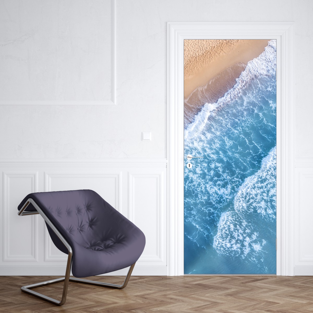 Naklejka na drzwi widok z lotu ptaka na turkusowe fale i piaszczystą plażę – Wallissimo® Naklejka na drzwi widok z lotu ptaka na turkusowe fale i piaszczystą plażę – Wallissimo®