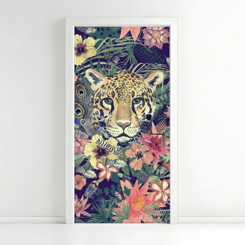 Naklejka na drzwi vintage akwarelowy lampart w tropikalnych liściach